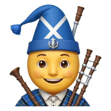Create a smiling emoji based on "party face with party hat" emoji. Use a blue and white colors from the Scottish Saltire. Include bagpipes next to the emoji, incorporating tartan Blending scottish details blending into the design. sticker