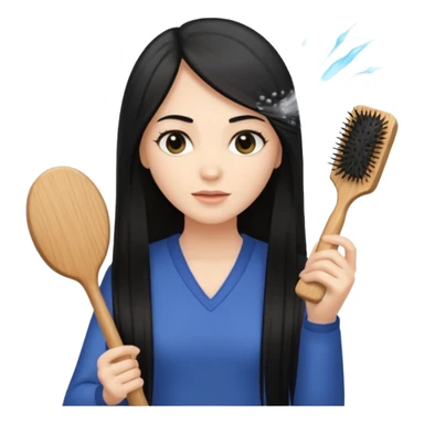 A white woman with long, straight black hair, holding a wooden paddle hairbrush in her left hand and spraying a hair mist bottle with her right hand toward her hair. sticker