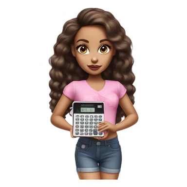 Hyper realistic bratz doll brunette with small pink calculator sticker