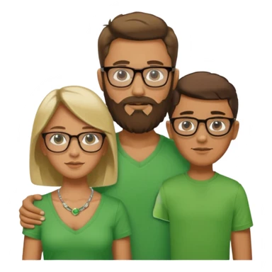 A family consisting of a man who's bearded, tanned, wearing glasses, a woman, slightly tanned, and a 14 year old teenage boy, slightly tanned, wearing a green t-shirt sticker