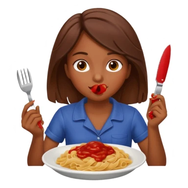 Brown skin Weird girl with brown hair eating pasta holding ketchup and a knife  sticker