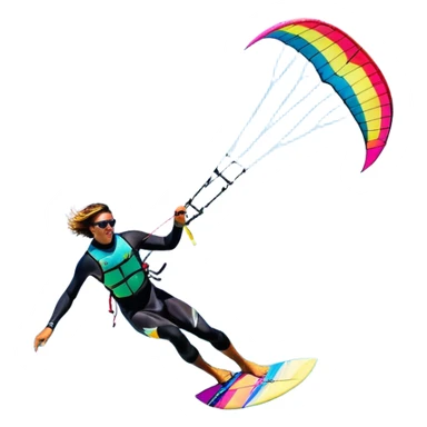 A vibrant kite soaring high in the sky, attached to a kiteboarder riding the waves below. The scene is filled with bright colors, capturing the energy of the sport. The background features the ocean, wind-blown waves, and a clear sky, showcasing the excitement and freedom of kiting. sticker