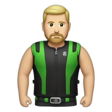 round headed white male biker wearing black and green with bottom goatee sticker
