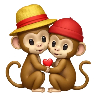 two cartoon monkeys hugging and kissing. The larger monkey is wearing a yellow straw hat like Luffy’s from One Piece. The smaller monkey is wearing a solid red headband. A small red heart floats between them to express affection. sticker