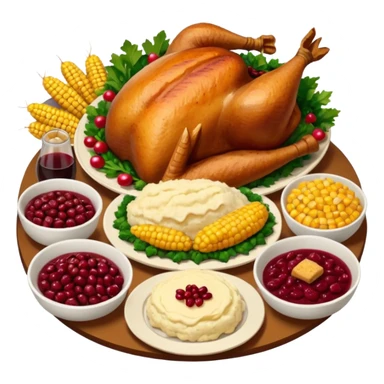 Thanksgiving Dinner with 6 friends of all different races around the table; have the food be a cooked turkey, mashed potatoes, corn, a basket of biscuits, a small bowl of cranberry sauce, baked yams, steamed vegetables, and a bottle of wine. sticker