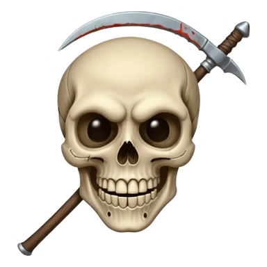 A laughing skull with a scythe crossed behind it, one eye socket winking. Clean, stylized lines, flat vector. Medieval woodcut style. Black and white with one accent color (tarnished silver). No background. sticker