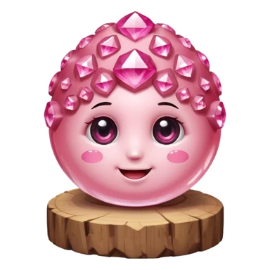 A single cute pink crystal cluster character, chunky round base with many tall rose-pink crystal quartz cluster imperfect, on the front of the base a kawaii face with big shiny eyes and a happy open smile very shiny and nothilng else sticker