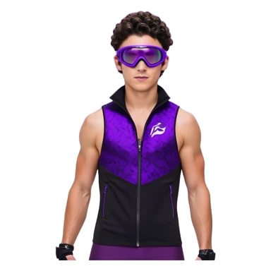 male athlete with white skin and moderately curly dark brown hair on top with shaved sides, wearing ski goggles with purple frames and very dark black lenses, a simple plain black chain necklace, and a completely unzipped sleeveless vest with purple and black sequin fire pattern design with no logo, fully revealing his chest, shoulders and arms, no earrings sticker
