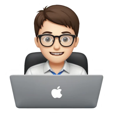 geeky software engineer with glasses and protruding teeth, typing on a laptop, simple, clear sticker