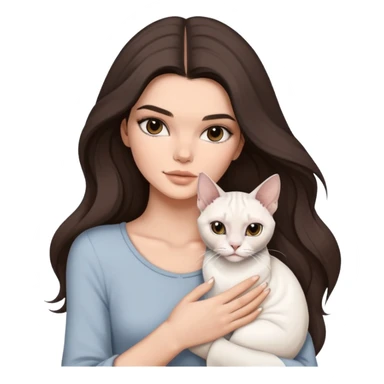 brunette Kendall Jenner with long hair holding on the hands a white cat, and a grey Sphynx sticker