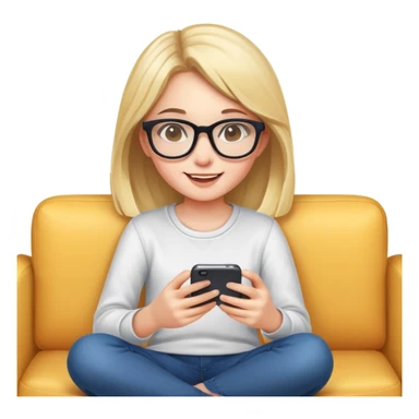 A cute young girl with glasses sitting on a couch, happily playing a mobile phone game sticker