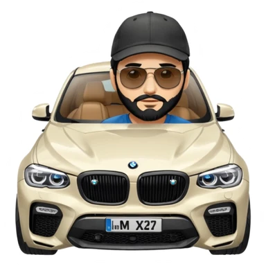 A man with black hair and beard on top of the bonnet of a grey BMW X4 M competition with sunglasses and a baseball cap on sticker