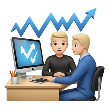 A person sitting at a desk working and looking at a computer with upward arrows and percentage signs, suggesting digital sales, marketing, or outreach. sticker