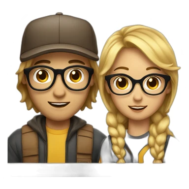 A Women with brown midlong Hair and glasses in Love with a blond Man with gold glasses and a baseballcap sticker
