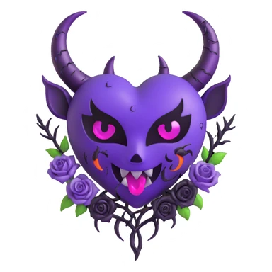 3D emoji gothic heart, purple glass, crescent moon, black roses, devil horns and tail, holographic stardust, neon lightning, drenched look, splintered glass texture sticker