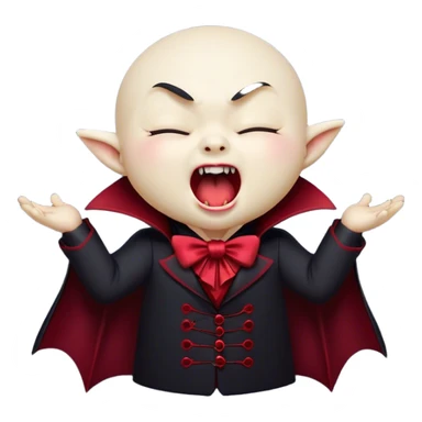 Cinematic Cute Yawning Vampire Portrait Emoji, with a small, rounded, charming pale face accented with tiny playful fangs and droopy, half-closed eyes, head tilted in an adorable wide yawn, dressed in miniature elegant dark attire with a hint of crimson, simplified yet irresistibly endearing, highly detailed with a soft, mysterious glow and gentle outline that captures the cute, drowsy side of an immortal! sticker
