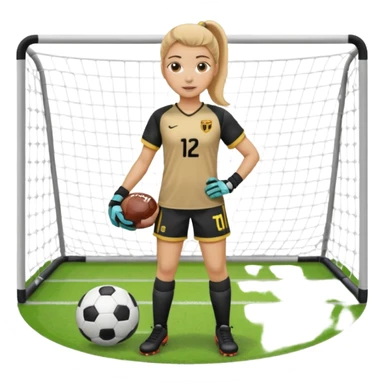 Make a dirty blonde football goalkeeper with goalkeeper gloves on holding a football. The girl is light skinned and wearing a football kit and football shoes. Standing in front of football goal. Wearing a ponytail with the dirty blonde hair sticker