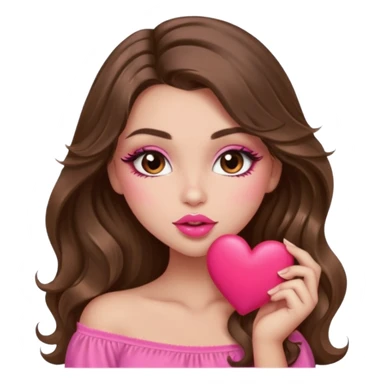 girl with long wavy brown hair, brown eyes, long lashes makeup, sexy pink lips, light to medium complexion, wearing a pink sexy top, sexy , puckering, blushing, kissing a heart sexy sticker