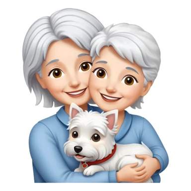 silver-haired 60-ish lady smiling and hugging westie sticker