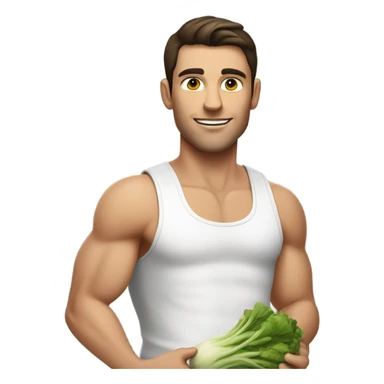 attractive white muscular brunette young man using a chopping vegetables sticker