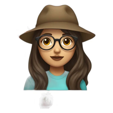 Brunette girl with circle glasses and mullet long hair and a strawberry hat sticker
