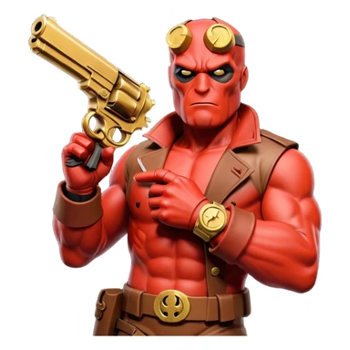 cinematic realistic superhero Hellboy by Mike Mignola jumps and shoots with a bronze pistol sticker