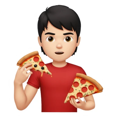 generate a pretty fair bratz boy with a messy mullet (black hair), wearing a red tshirt. eating pizza. He has big biceps sticker