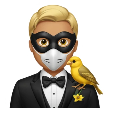 A man facing forward wearing a tuxedo with a mask depicting a yellow canary. sticker