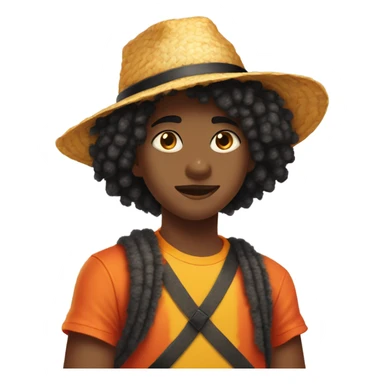 Teenager with black fluffy hair with a small black scar under right eye wearing a orange yellow straw hat that is wrapped with ribbon, wearing a red tank top sticker