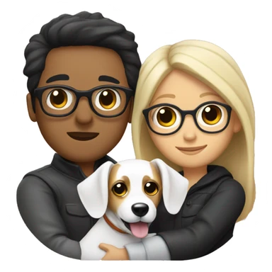 A couple cuddling a jack Russell, the men have black hair and glasses and the woman is blonde but without glasses  sticker