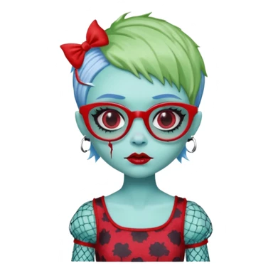 Ghoulia yelps monster high doll in scene/emo style cherry print dress with fishnet sleeves, clothes, thin, small, red, rectangle glasses, pale white-blue skin, pale-green pixie-cut, zombie scars sticker