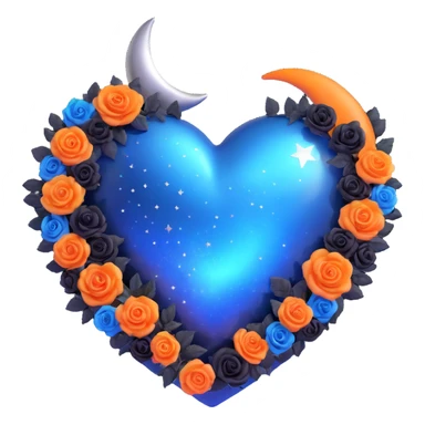 3D emoji gothic heart, midnight blue glass, silver crescent moon, tiny black roses, shimmering stardust, holographic shimmer, confetti burst, glowing blue aura sticker