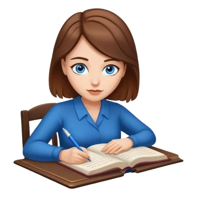 escritora mulher, romantica, de cabelos castanhos, pele clara e olhos azuis escrevendo um livro  sticker