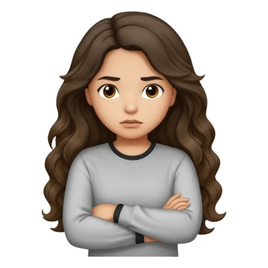 Hispanic light tan girl with long dark wavy hair pouting and arms folded. Wearing a long sleeve. Hair with middle part. sticker
