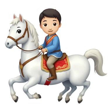 A Chinese little boy is riding a cute white small horse, and the horse is running. The blanket on the saddle says ‘2026.’  (2026 MUST HAVE) 。 sticker