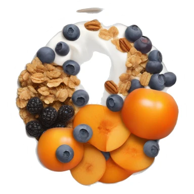 fruit bowl with persimmons, yogurt, chocolate chips, blueberries and granola sticker