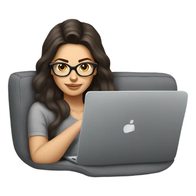 brunette girl laying on a grey couch with grey pillows with glasses on and a laptop on small table in front with coffee cup on mouse pad sticker