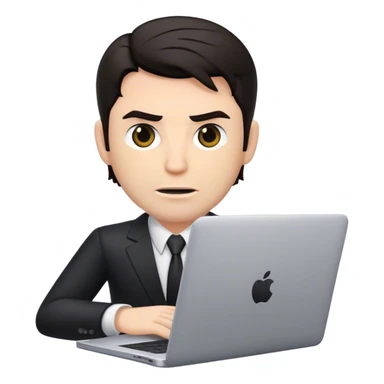 memoji of a white male realtor with a laptop in front, modern, dark hair, evil sticker