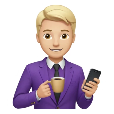 Confident and outgoing male entrepreneur, Caucasian features, blonde hair, big friendly smile, expressive eyes, defined eyebrows, wearing a purple blazer over a black shirt, holding a smartphone in one hand and a coffee cup in the other, waist-up, front-facing sticker