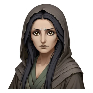 Mirri Maz Duur is a weathered, middle-aged Lhazareen woman with deep-set dark eyes, high cheekbones, and a sharp nose, giving her a stern, knowing expression. Her long, unkempt dark hair streaked with gray falls loosely over her shoulders, and her earth-toned, tattered robes mark her as a humble healer. Despite her frail appearance, she exudes an aura of mystery and menace, her hands stained with herbs and blood from both healing and dark sorcery. sticker