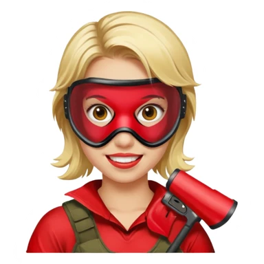 blond girl playing paintball with red paintball face mask sticker