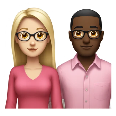 white woman with no glasses wearing a pink dress standing with a black guy with glasses wearing a red shirt sticker
