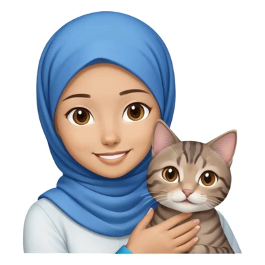 White asian Girl wearing blue hijab with white shirt smiling while holding a black brown grey tabby cat sticker