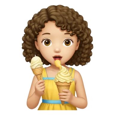 a little asian girl kid with curly hair, yellow dress, eat ice cream sticker