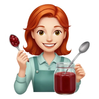 redhead woman with big smile taking some jam with a spoon from glass jar sticker