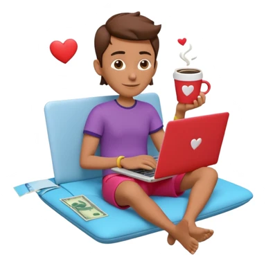 3D clay character relaxed with laptop and coffee, floating icons (envelope, heart, dollar), colofrful outfit, floating icons, white laptop, Pixar style, transparent background sticker