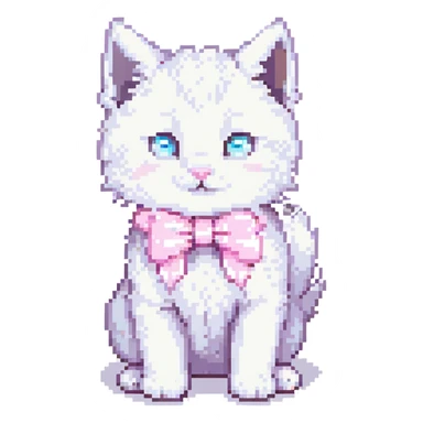 cute fluffy white kitten with a light pink bow, playful pose with one paw raised, pixel art style sticker