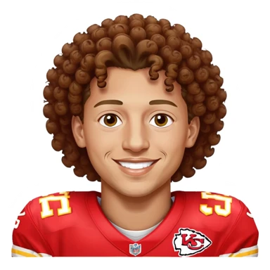 Patrick Mahomes, Kansas City Chiefs quarterback with curly hair, smiling sticker