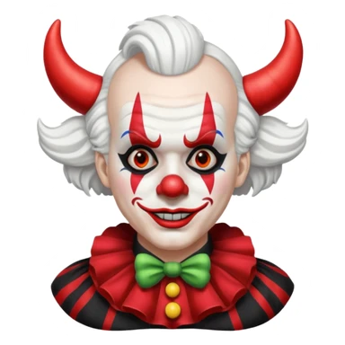 Crea un payaso que tenga toda la cara absolutamente toda la cara blanca, junto con la parte del pelo que sea blanco, pero que no tenga pelo con unos cuernos negros y que tengo un traje de payaso negro con rojo sticker