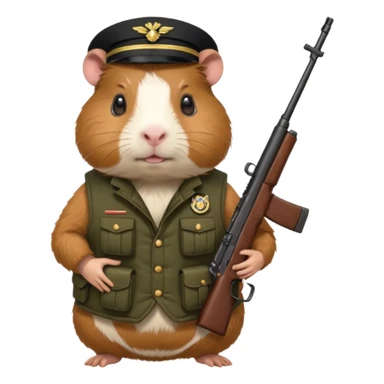 guinea pig wearing a military vest, holding a rifle in chest, no hat sticker
